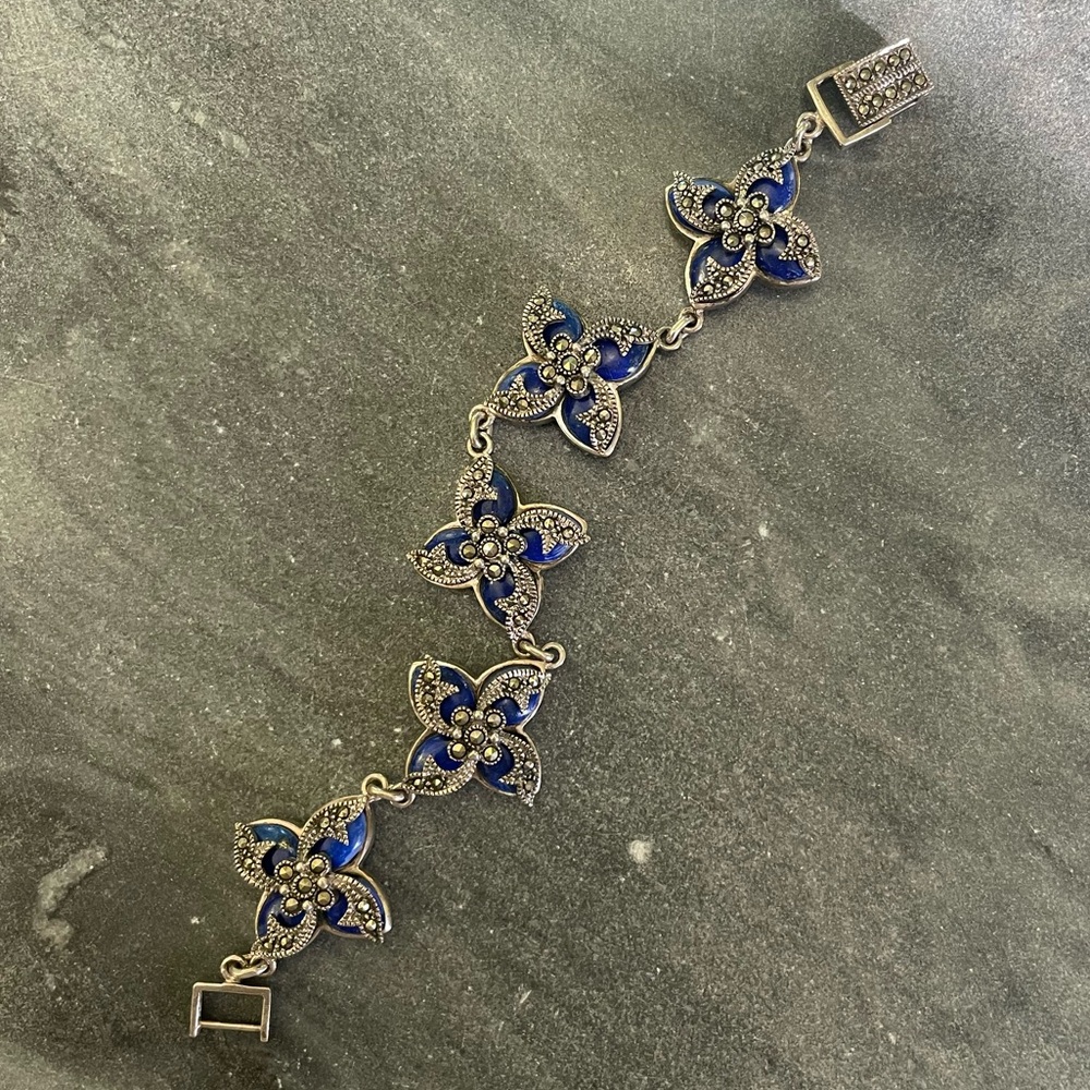 Vintage Sterling Lapis Lazuli Silver Marcasite Bracelet